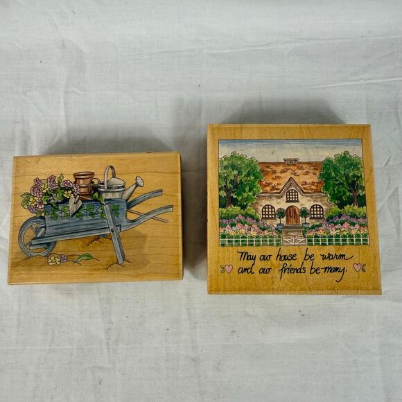 Stamps Happen Lot of 2 Rubber Stamps Wheelbarrow 60024 & May Our House 70011 - Picture 1 of 4